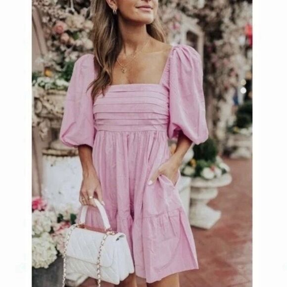 Abercrombie & Fitch Emerson Poplin Puff Sleeve Mini Dress in Pink Size L Petites - Picture 6 of 9